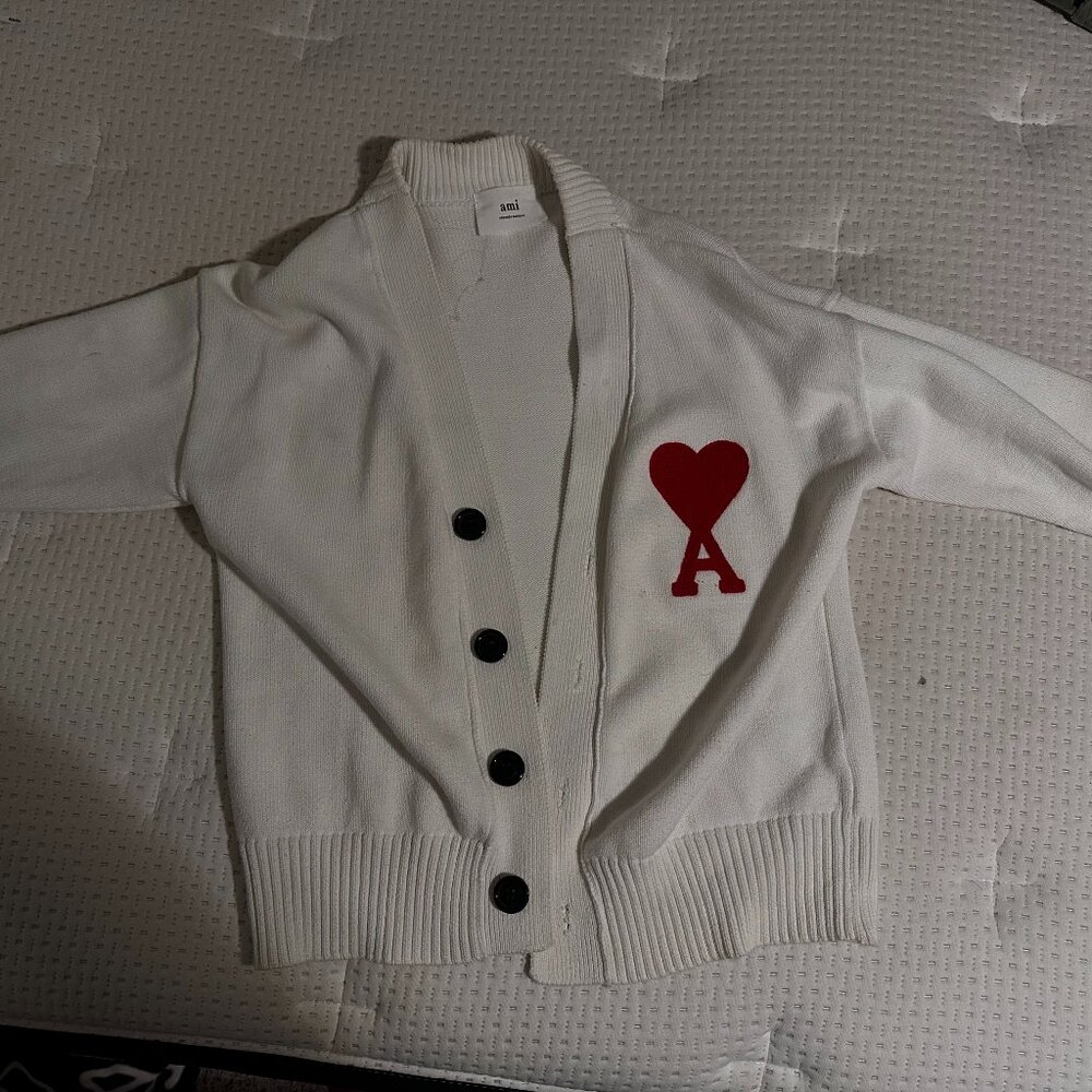 AMI Paris Ami de Coeur Off-White Wool Cardigan Red Heart Small Unisex